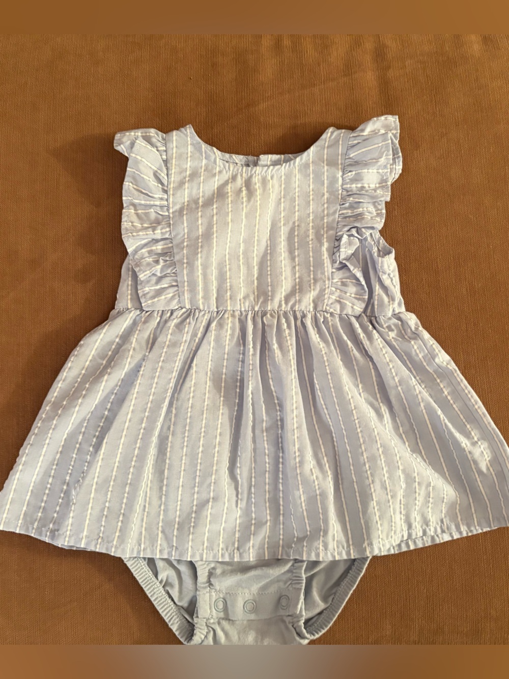 Baby Girl Light Blue Striped Ruffle one piece dress with snaps